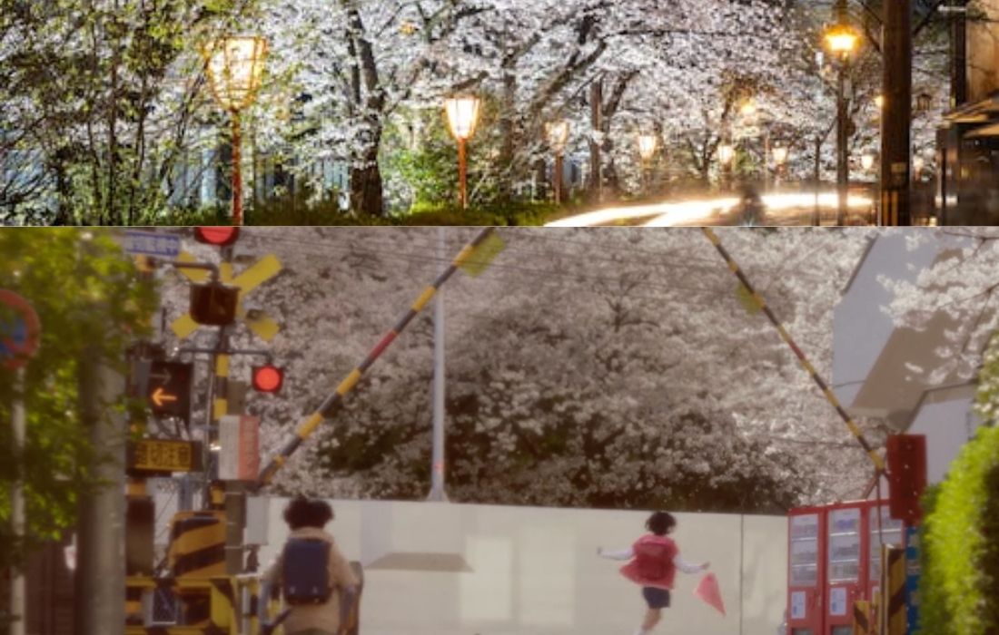 Real filming locations of 5 Centimeters per Second live action in Japan, including Tokyo railways, cherry blossoms, and distant skies