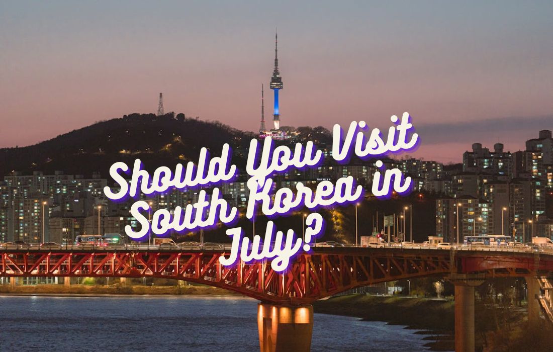South Korea in July with summer greenery and light rain in a cityscape