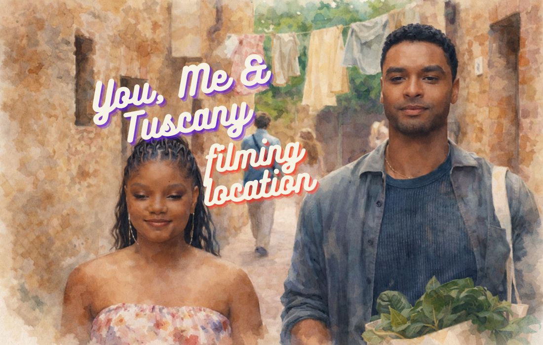 Halle Bailey and Regé‑Jean Page walking in a Tuscan alley from You, Me & Tuscany – watercolor style illustration