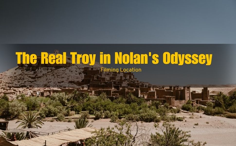Ksar of Aït Benhaddou in Morocco under a clear blue sky, the real filming location for Troy in The Odyssey 2026
